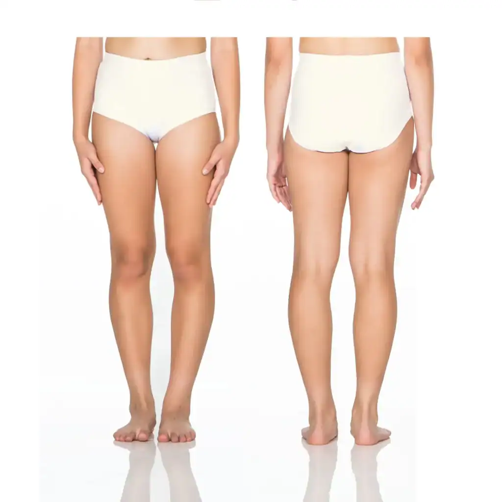 Front and back views of white high-waisted briefs