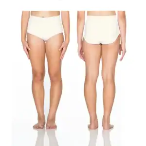 Front and back views of white high-waisted briefs