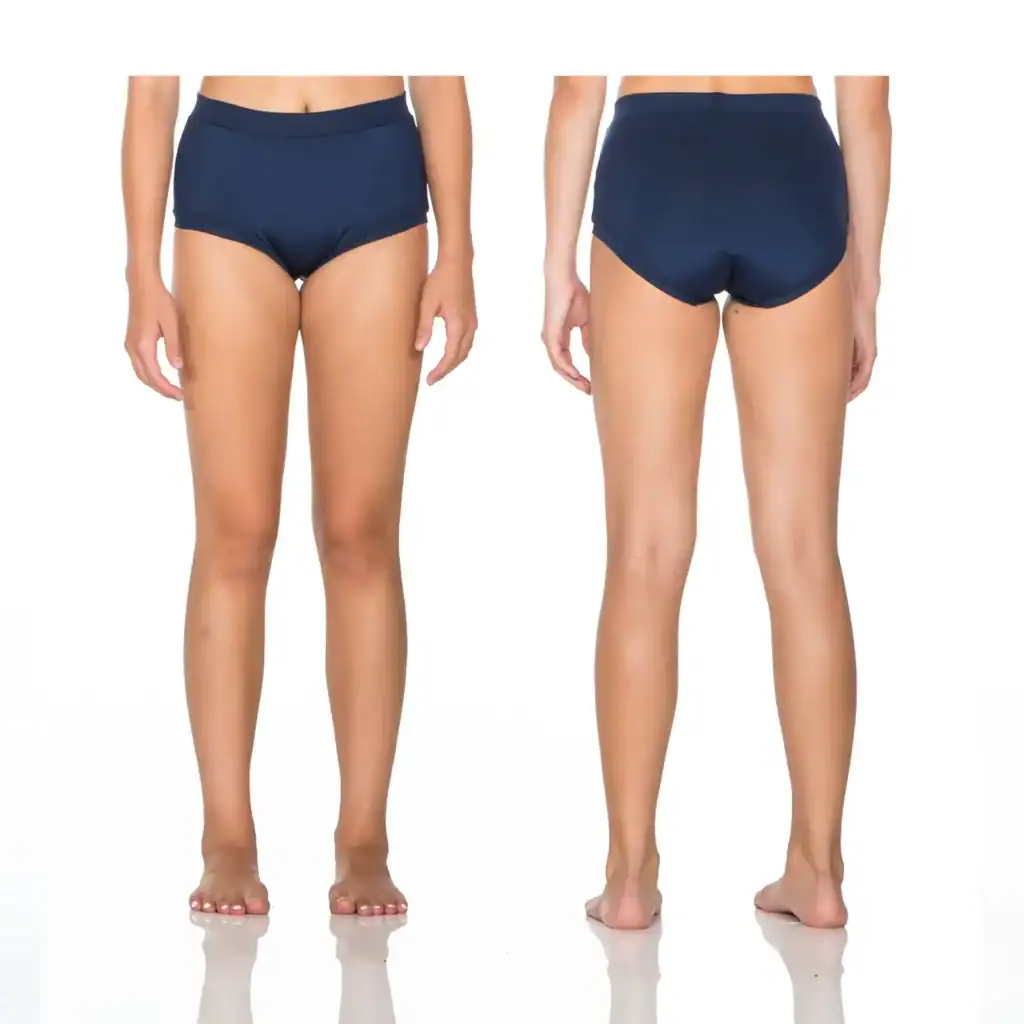 Front and back views of navy high-waisted swim bottoms