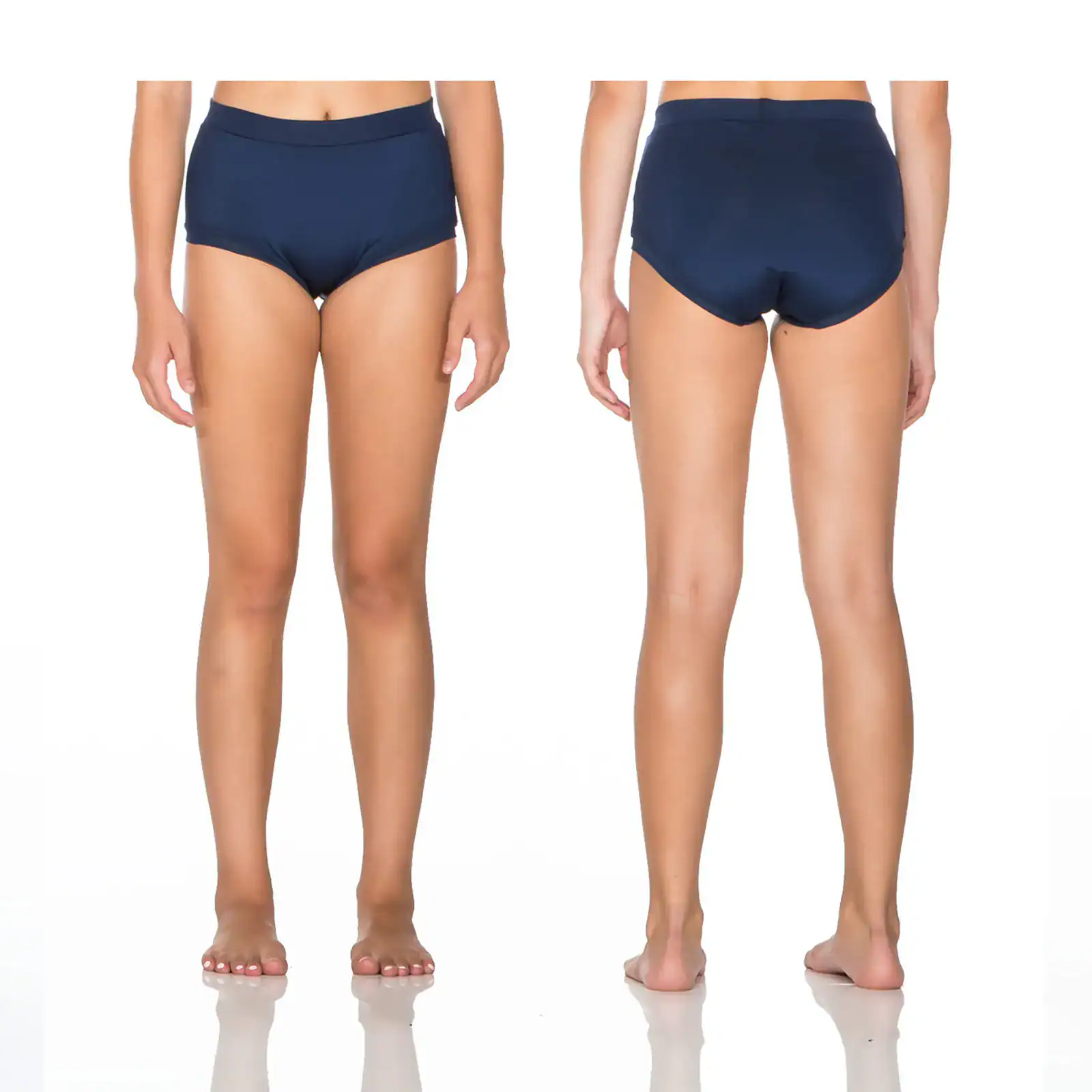 Front and back views of navy high-waisted swim bottoms