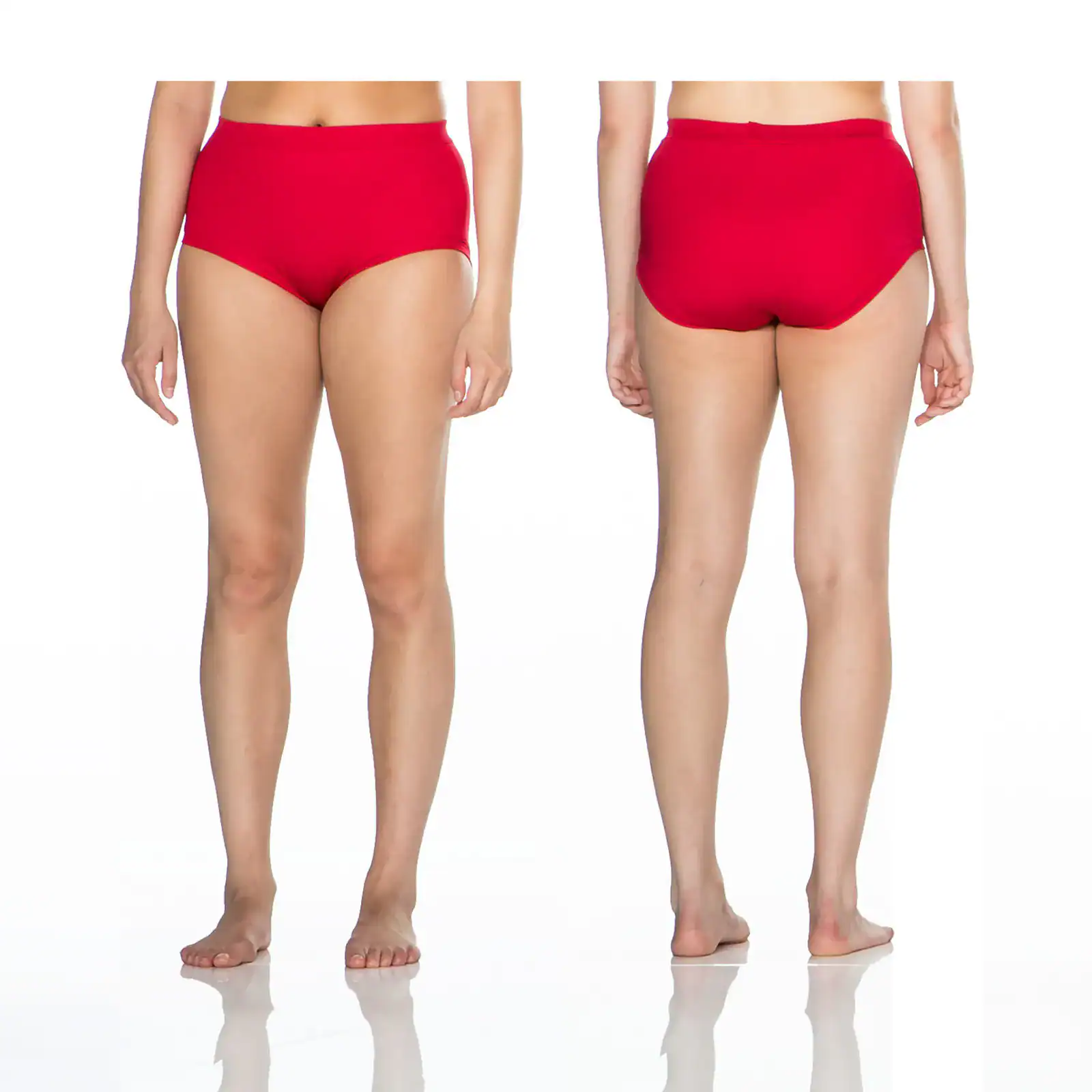 Front and back views of red high-waisted underwear