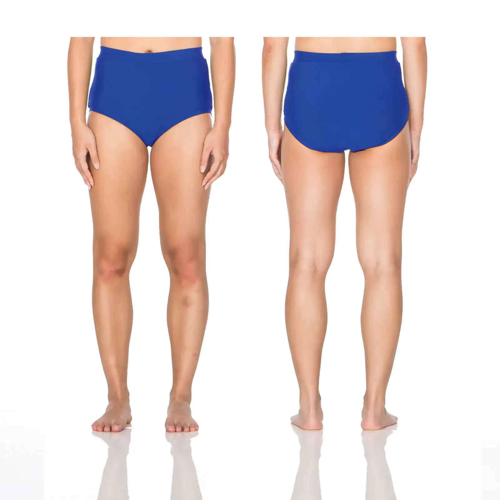 Front and back views of royal blue high-waisted swim bottoms