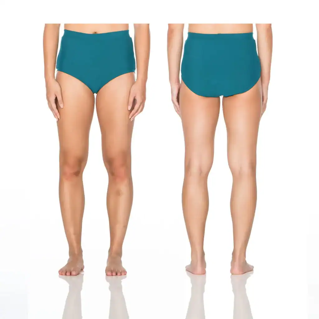 Front and back views of teal high-waisted bikini bottoms