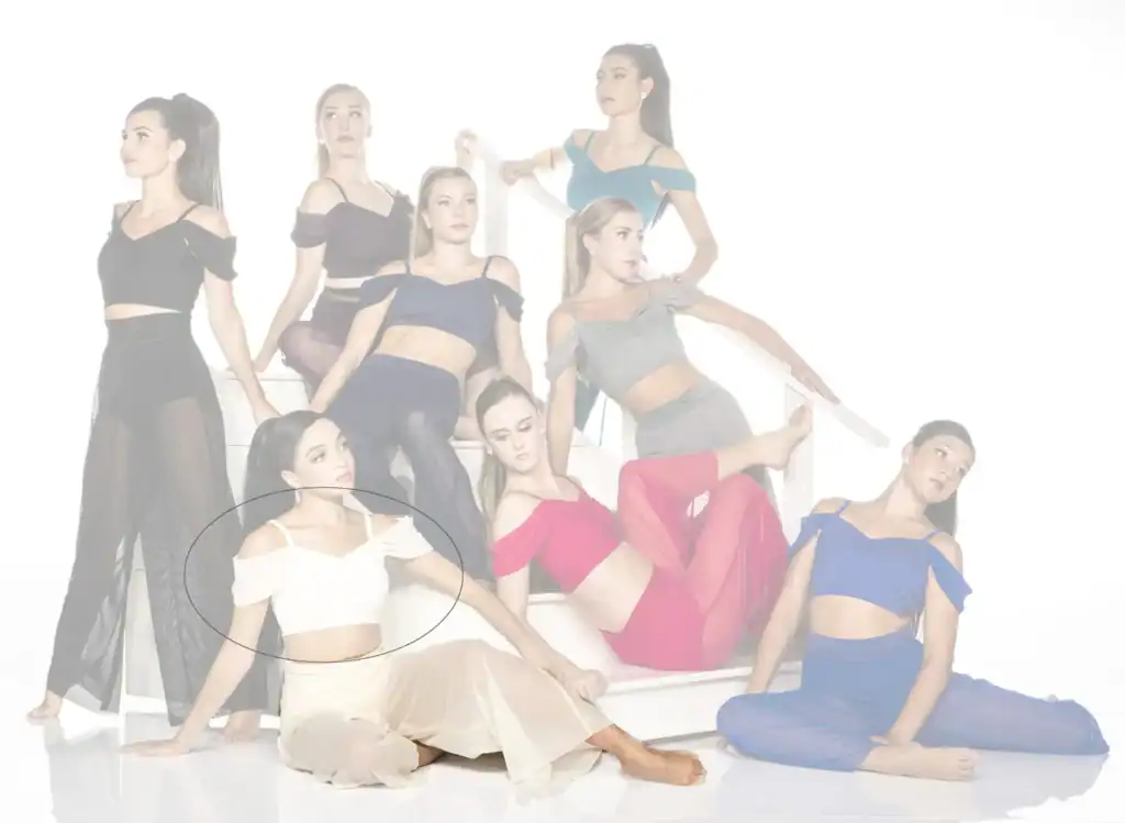 Nine women posing in colorful off-shoulder outfits