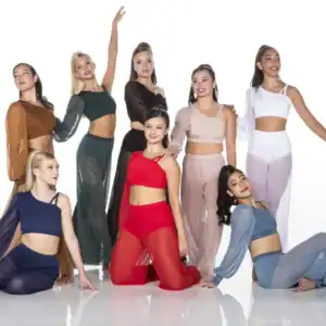 Eight female dancers pose in colorful contemporary dance costumes.