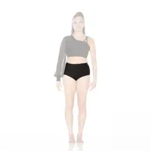 Woman modeling black asymmetrical crop top and high-waisted briefs