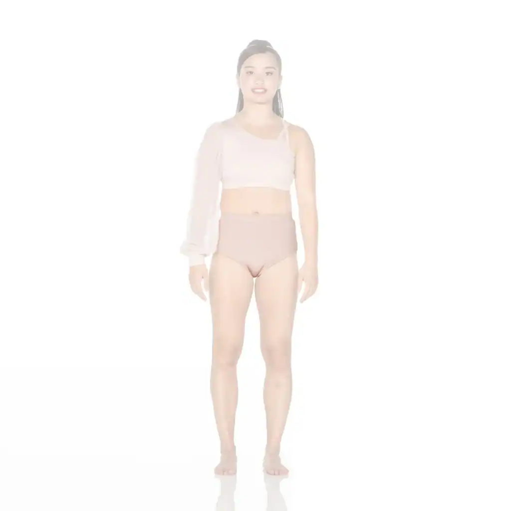 Woman modeling pale pink asymmetrical top and high-waisted briefs