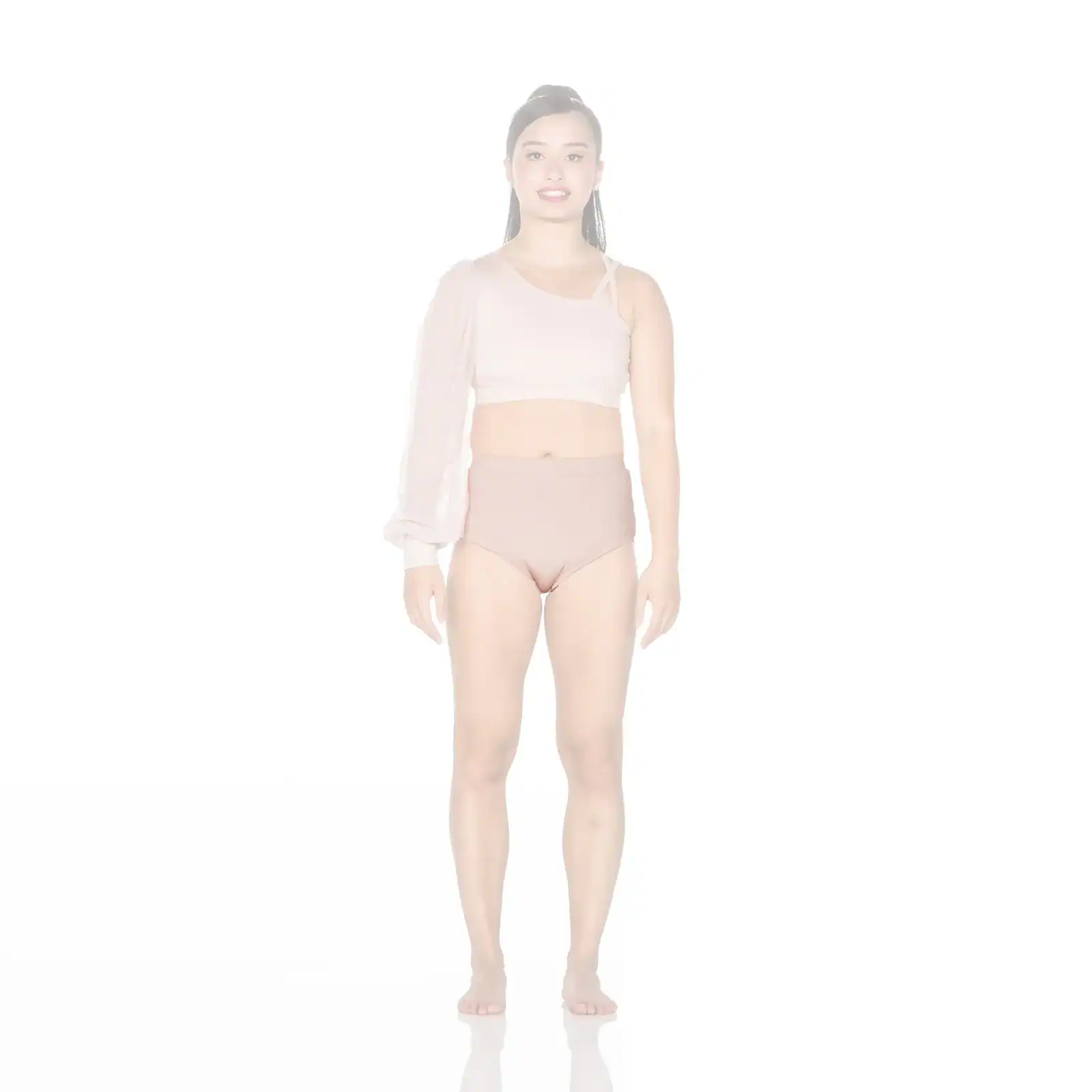 Woman modeling pale pink asymmetrical top and high-waisted briefs