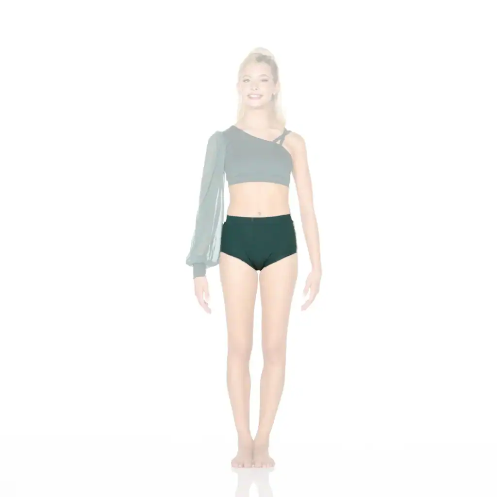 Woman modeling black one-shoulder crop top and high-waisted briefs