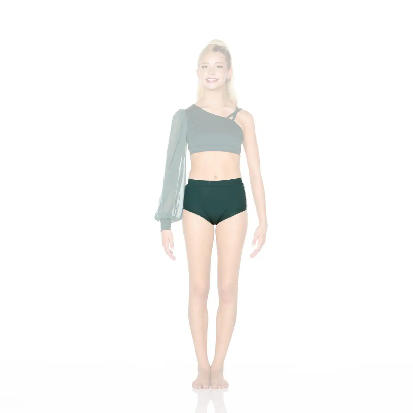 Woman modeling black one-shoulder crop top and high-waisted briefs