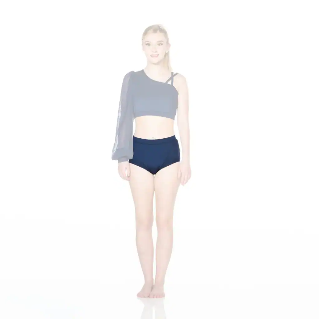 Woman modeling black asymmetrical crop top and high-waisted briefs