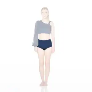 Woman modeling black asymmetrical crop top and high-waisted briefs