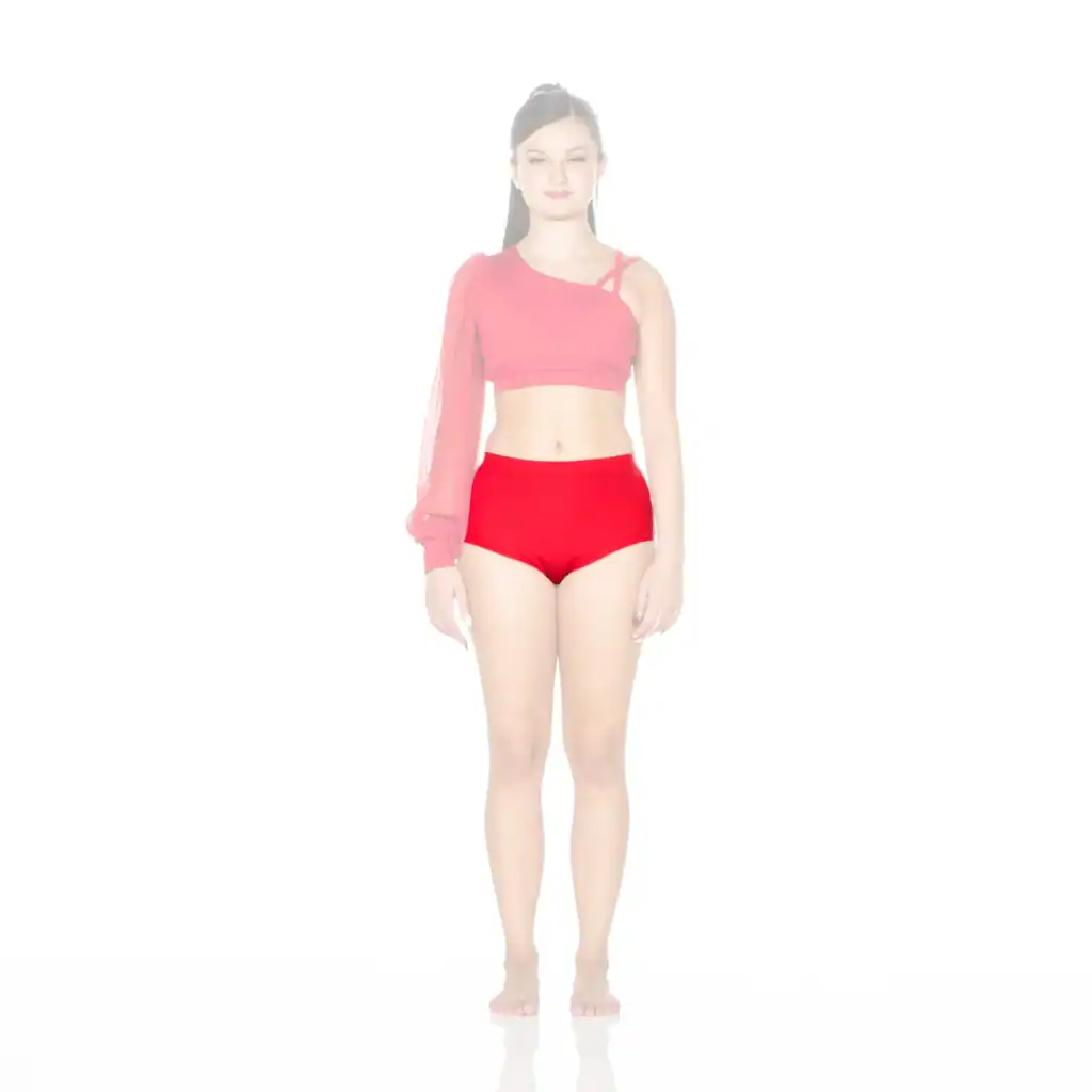 Model wearing pink one-sleeve crop top and red shorts