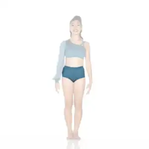 Smiling woman in blue asymmetrical dancewear on white background