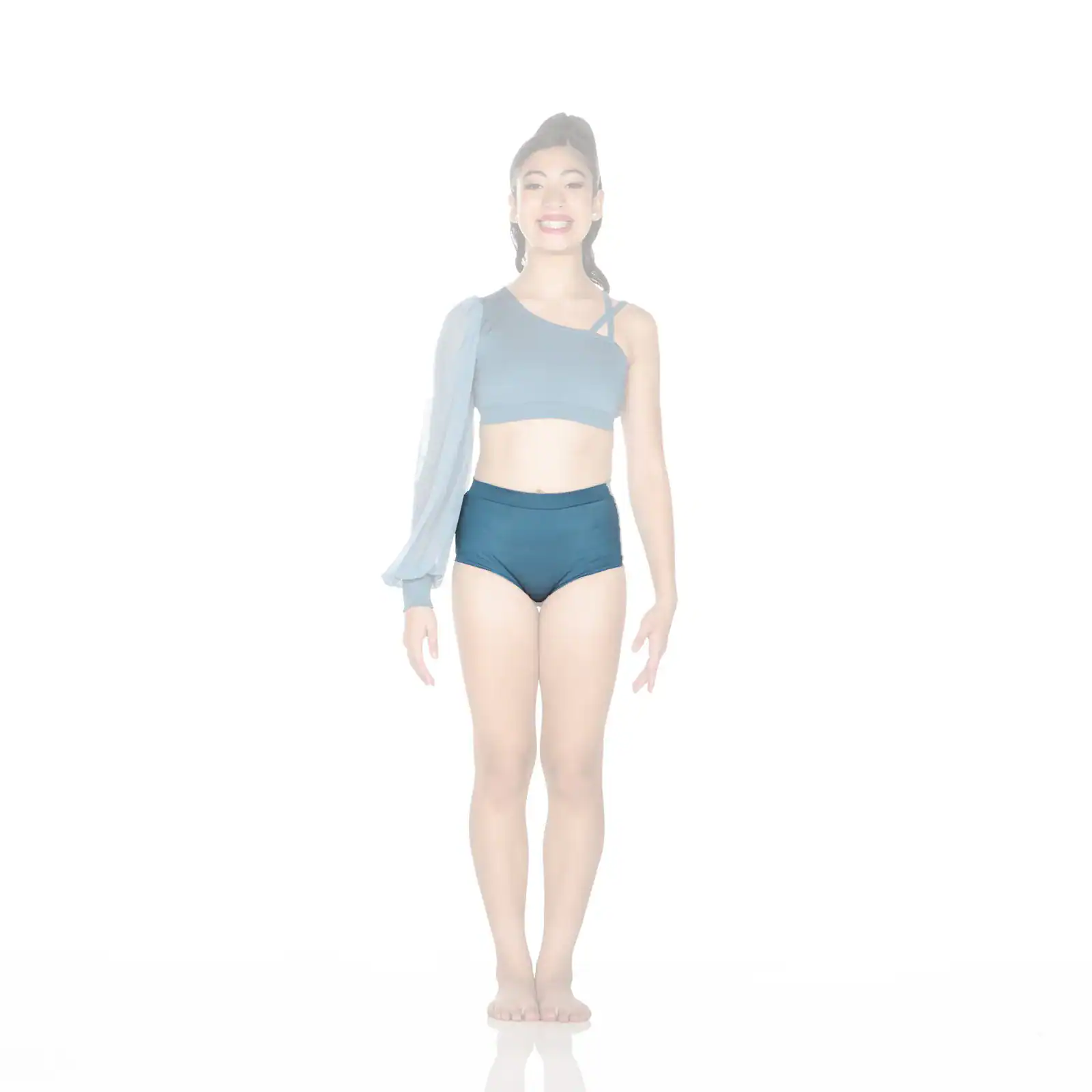Smiling woman in blue asymmetrical dancewear on white background