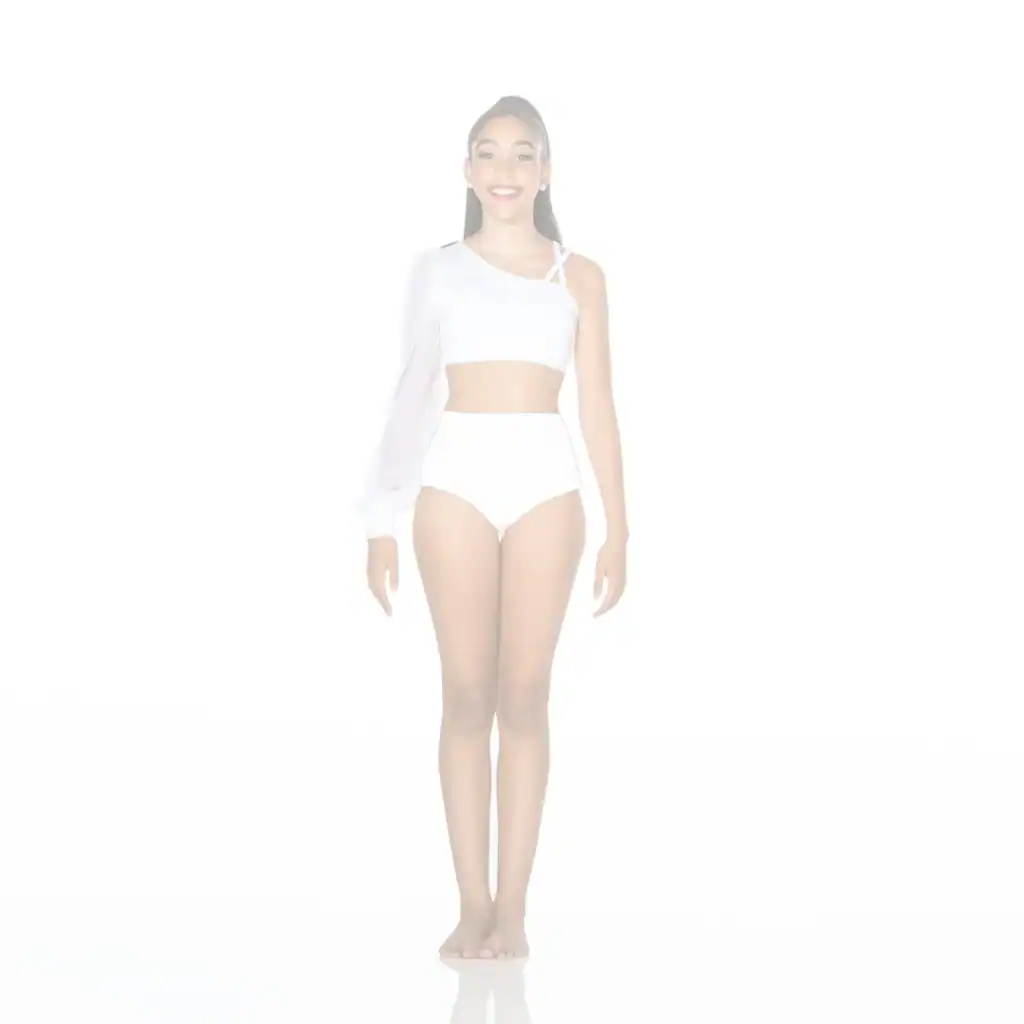 Model wearing white asymmetrical crop top and high-waisted bottoms