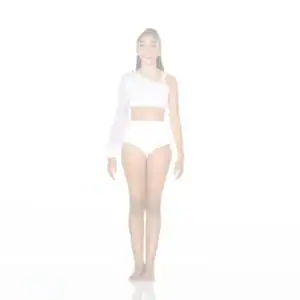 Model wearing white asymmetrical crop top and high-waisted bottoms