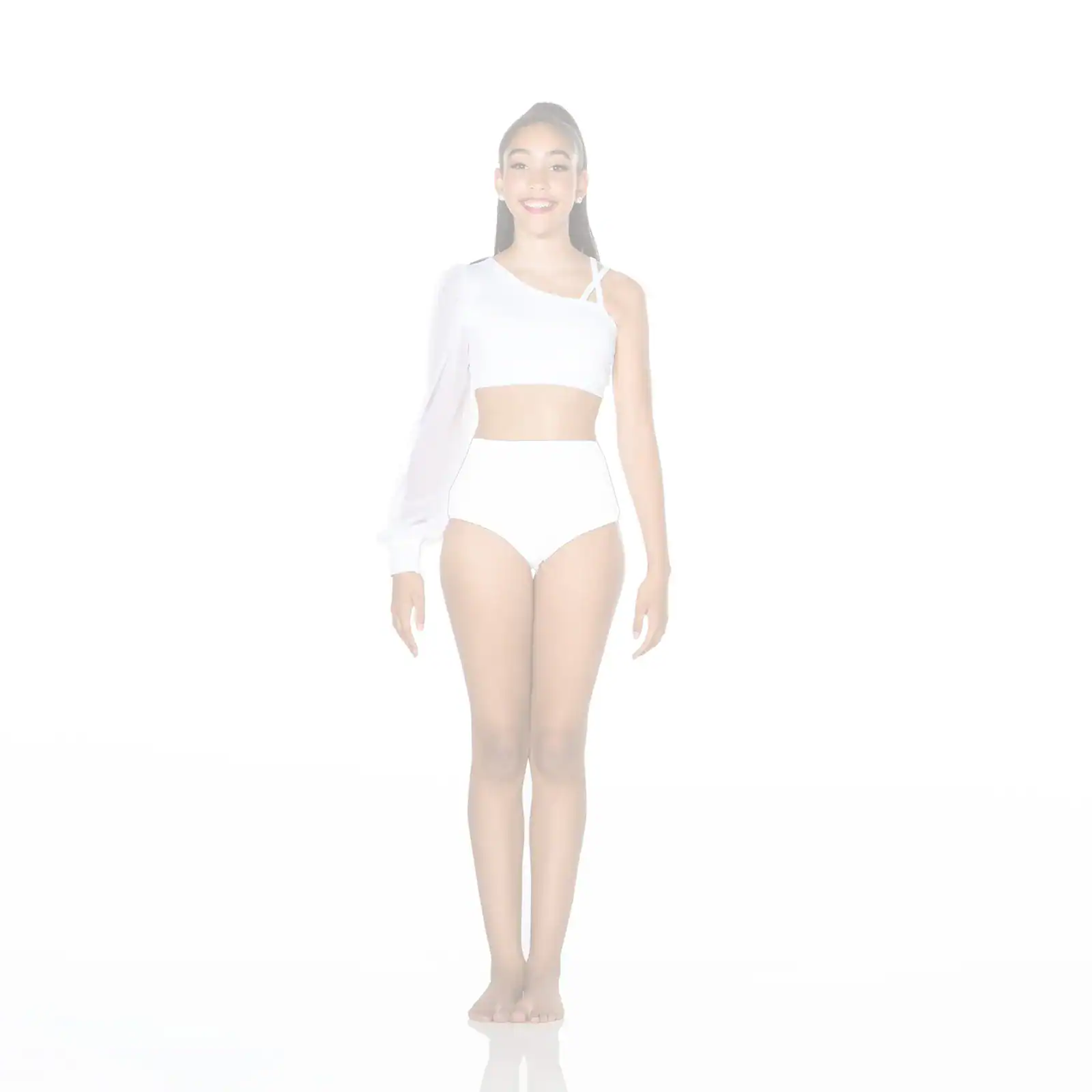 Model wearing white asymmetrical crop top and high-waisted bottoms