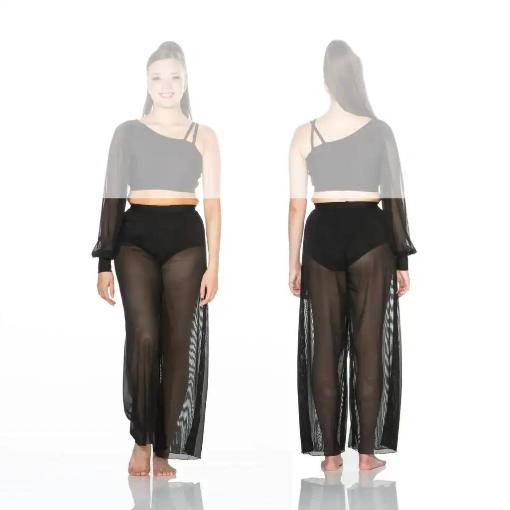 Front and back views of black sheer dance outfit