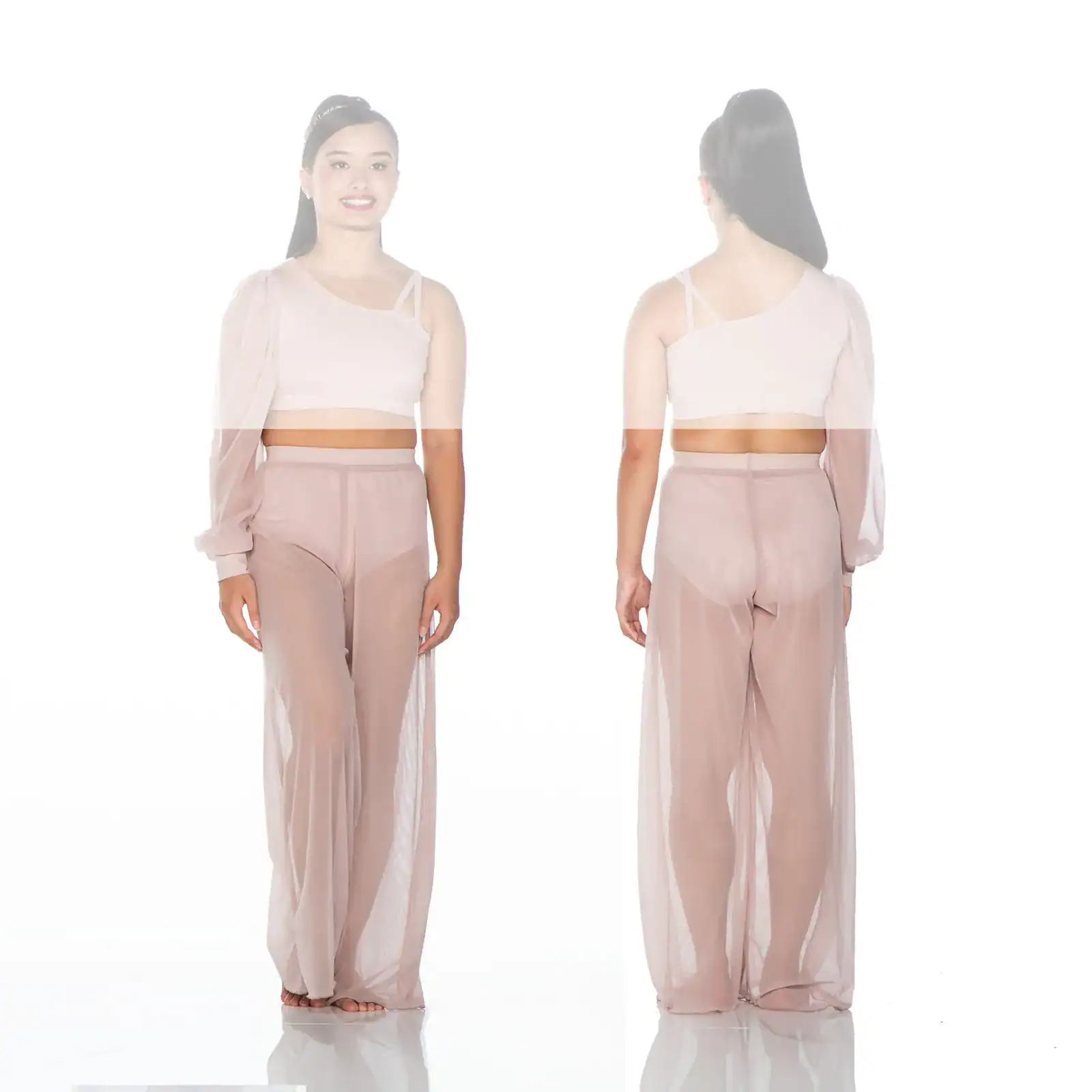 Front and back views of pale pink sheer two-piece outfit
