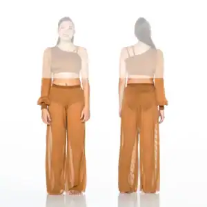 Model showing front and back of brown sheer two-piece outfit