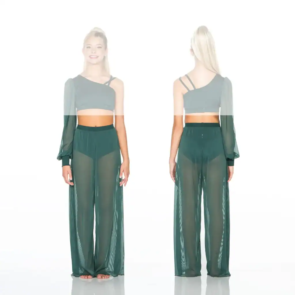 Front and back views of dark green sheer dance costume.