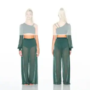 Front and back views of dark green sheer dance costume.