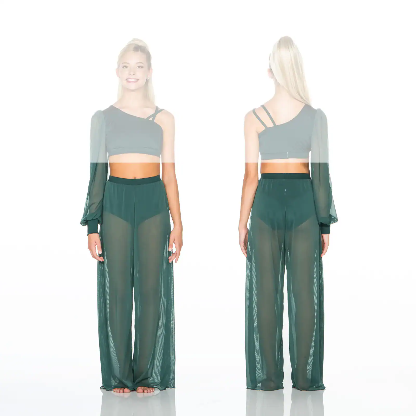 Front and back views of dark green sheer dance costume.