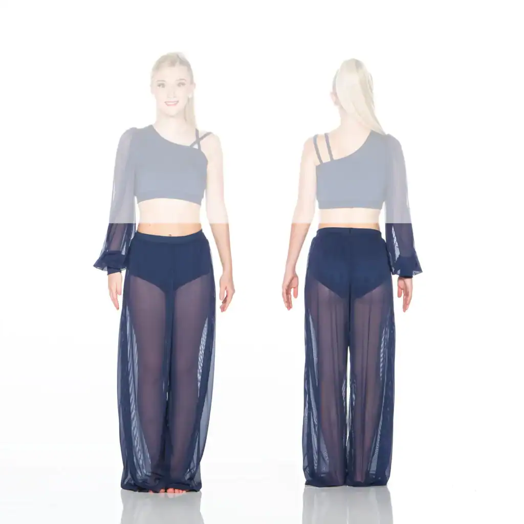 Model showing front and back of navy sheer dance outfit