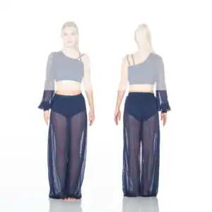 Model showing front and back of navy sheer dance outfit