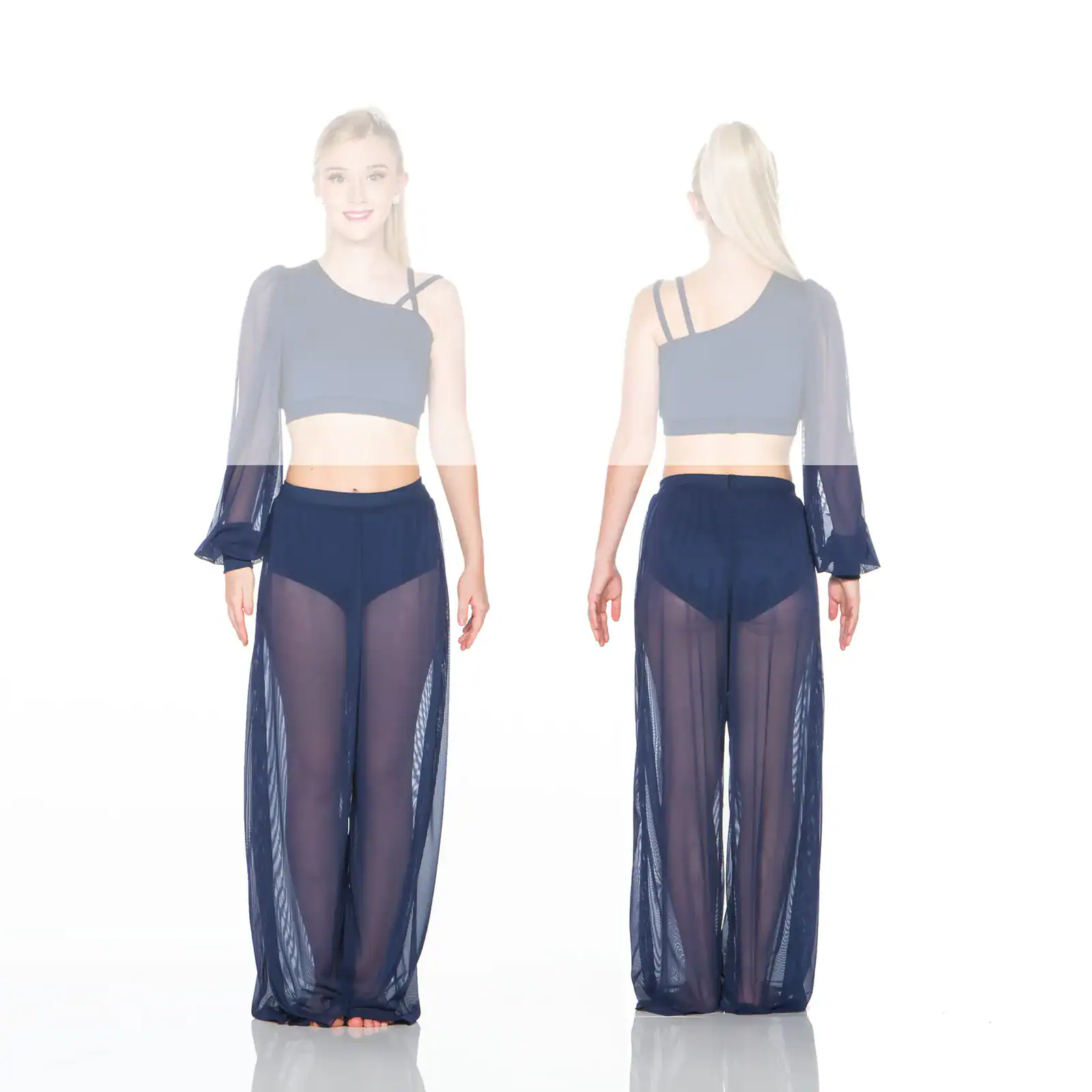 Model showing front and back of navy sheer dance outfit