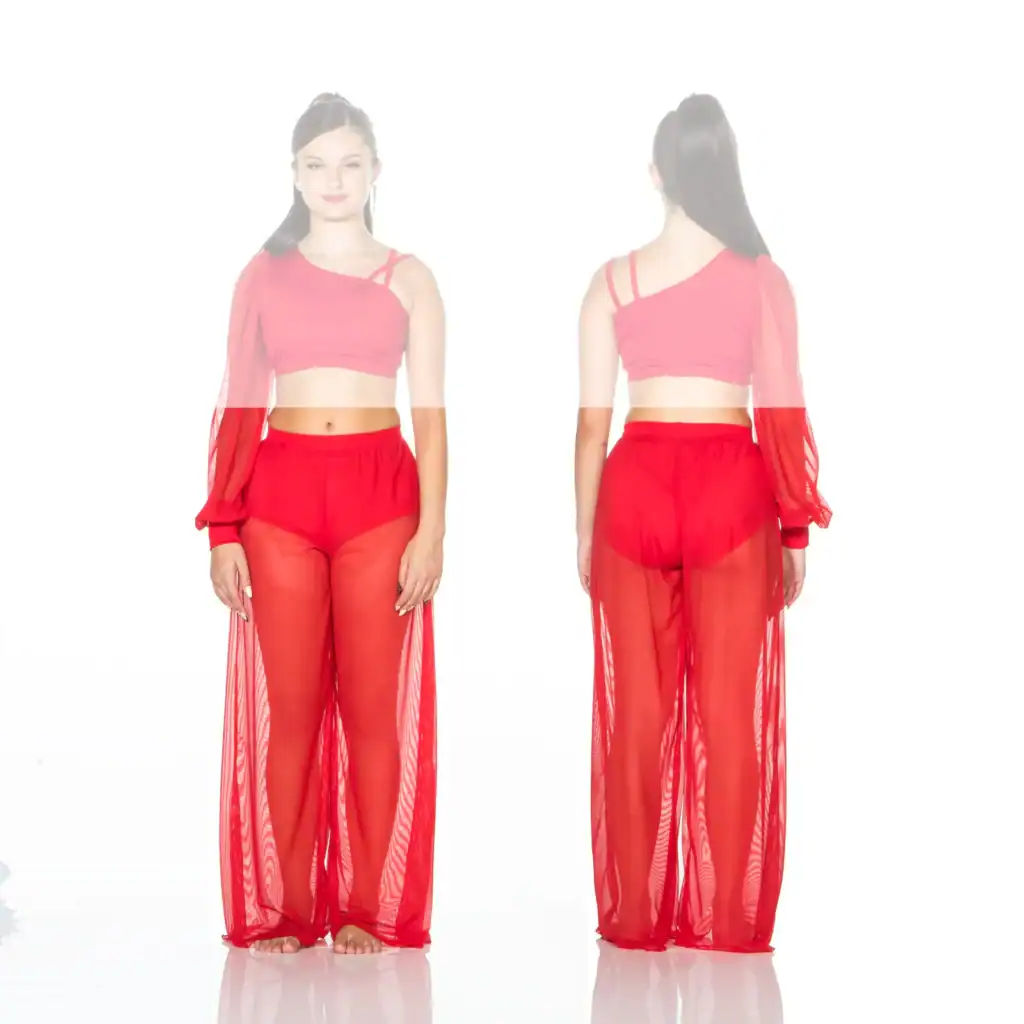 Model wearing red asymmetric crop top and sheer pants