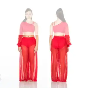 Model wearing red asymmetric crop top and sheer pants