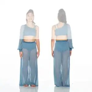 Front and back views of blue asymmetrical dance costume