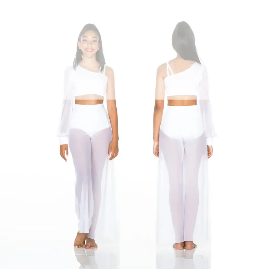 Front and back views of woman in white sheer outfit