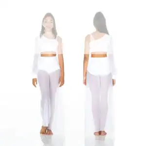 Front and back views of woman in white sheer outfit