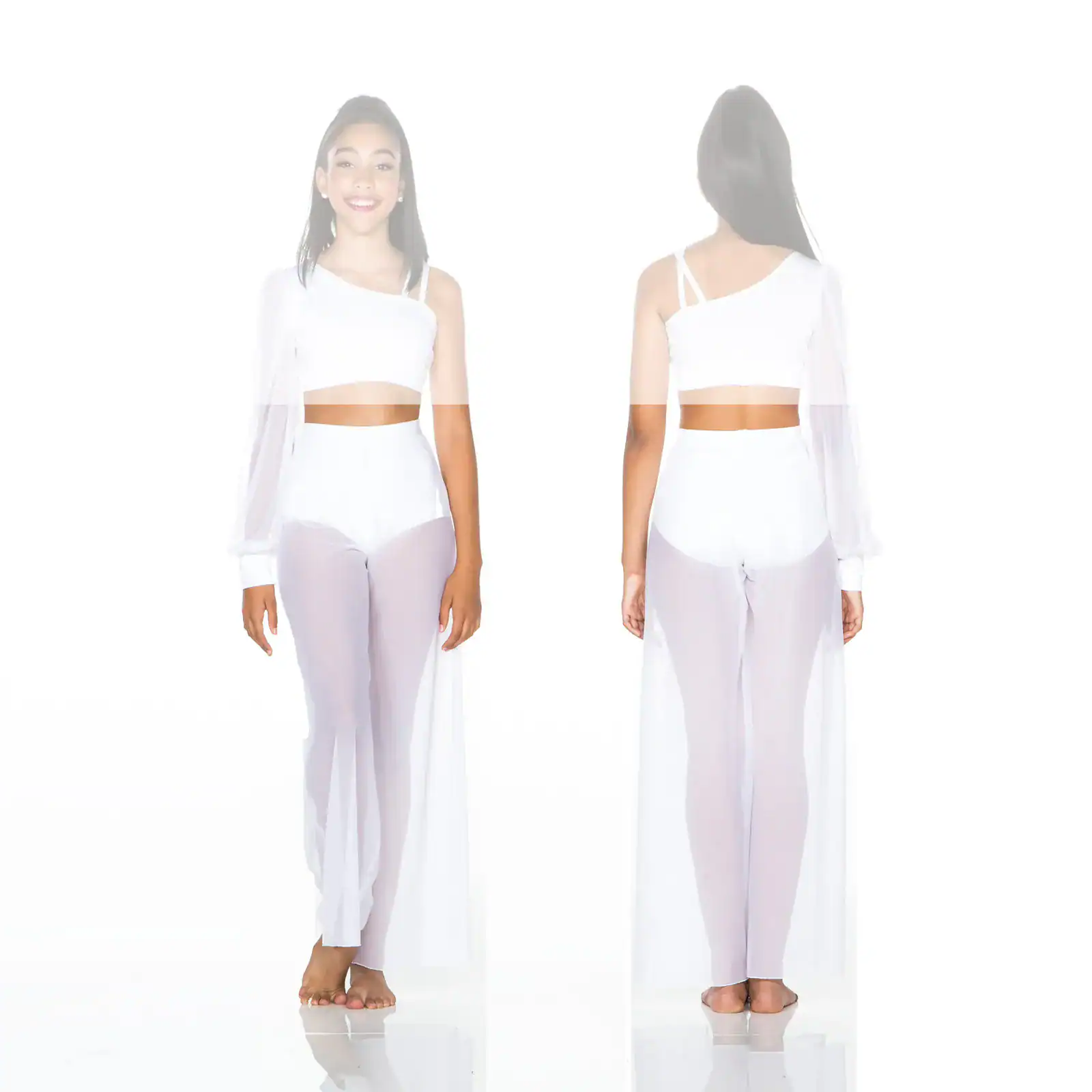 Front and back views of woman in white sheer outfit