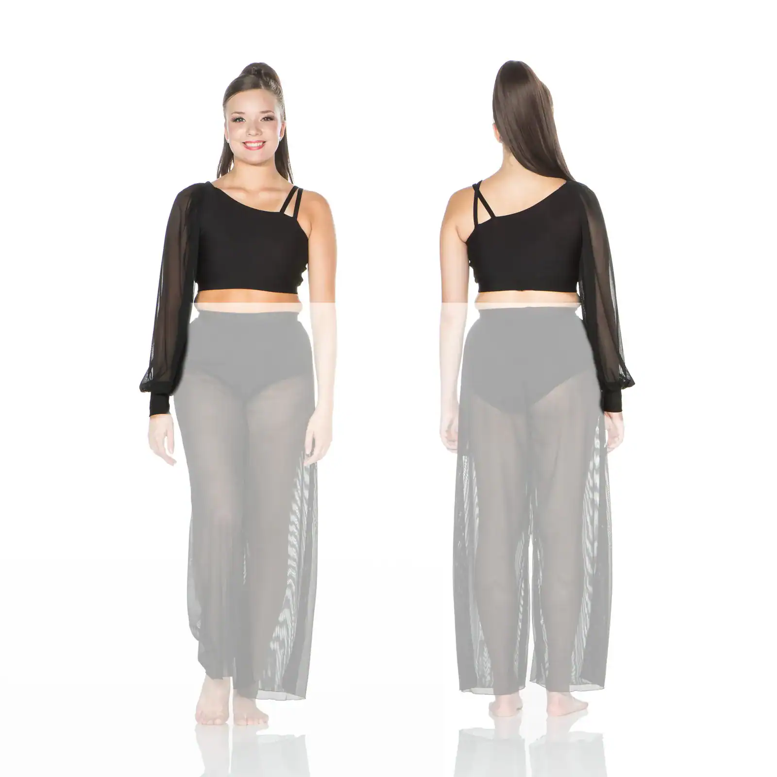 Front and back views of black one-sleeve crop top