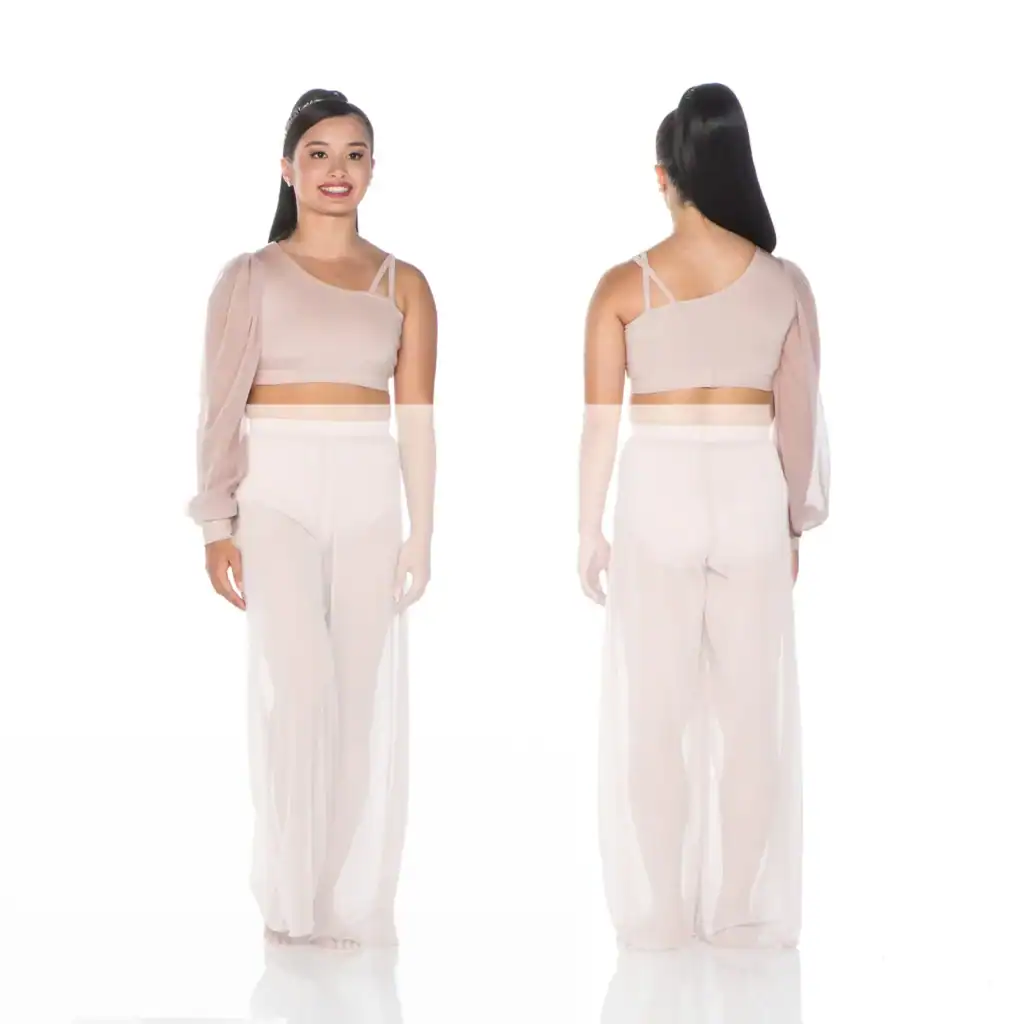 Model wearing blush one-shoulder crop top and wide-leg pants