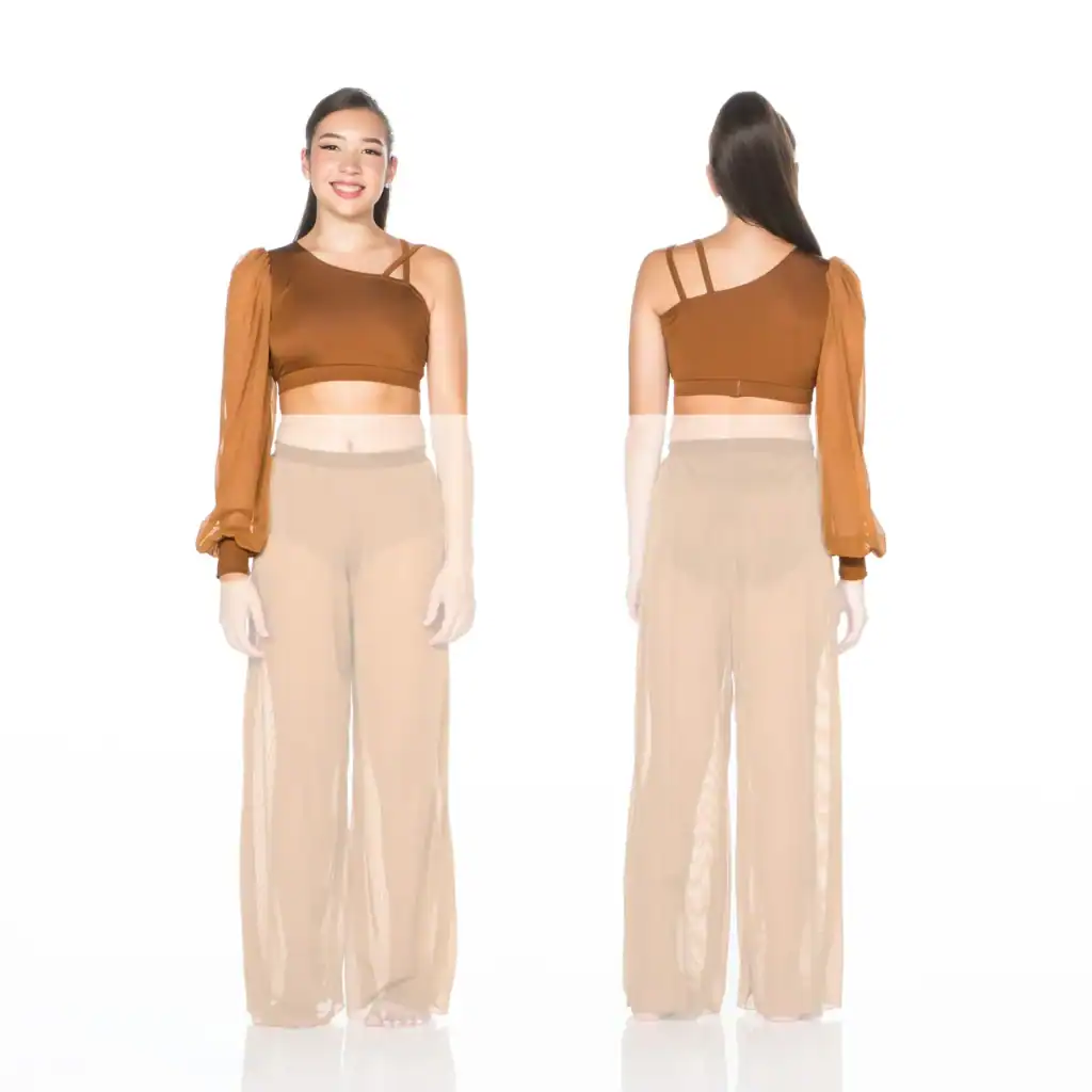 Front and back views of brown one-sleeve crop top