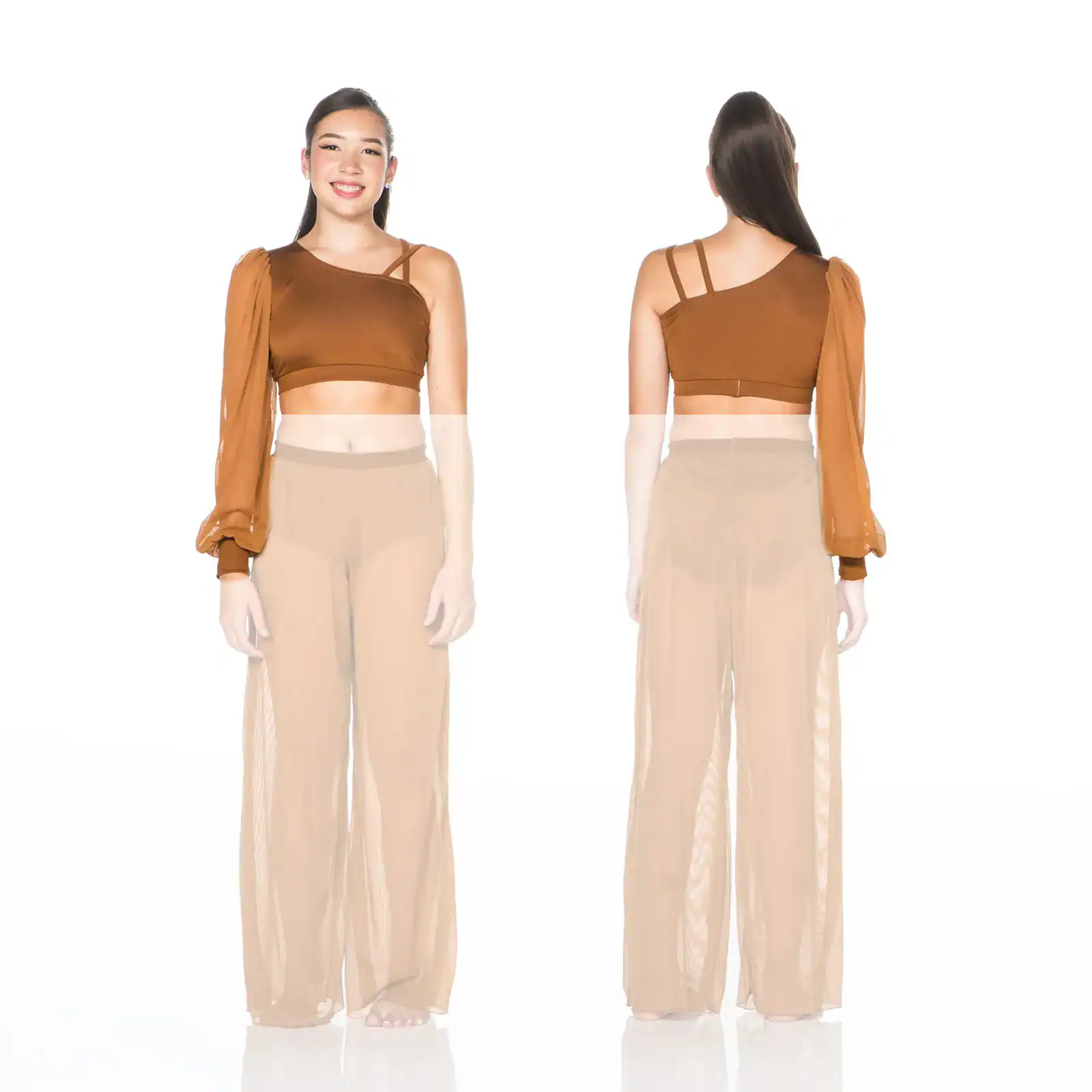 Front and back views of brown one-sleeve crop top