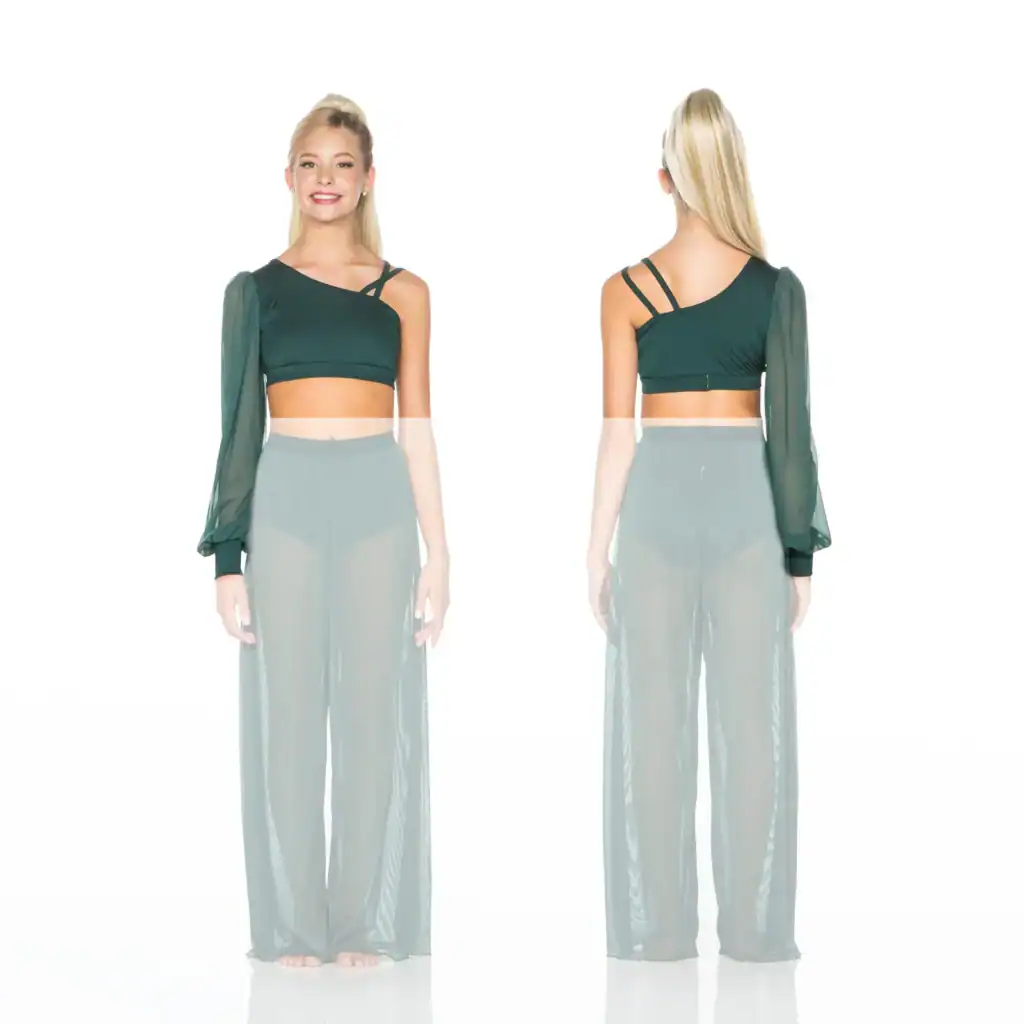 Model wearing dark green asymmetric crop top, front and back views