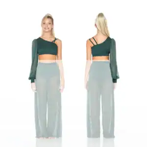 Model wearing dark green asymmetric crop top, front and back views