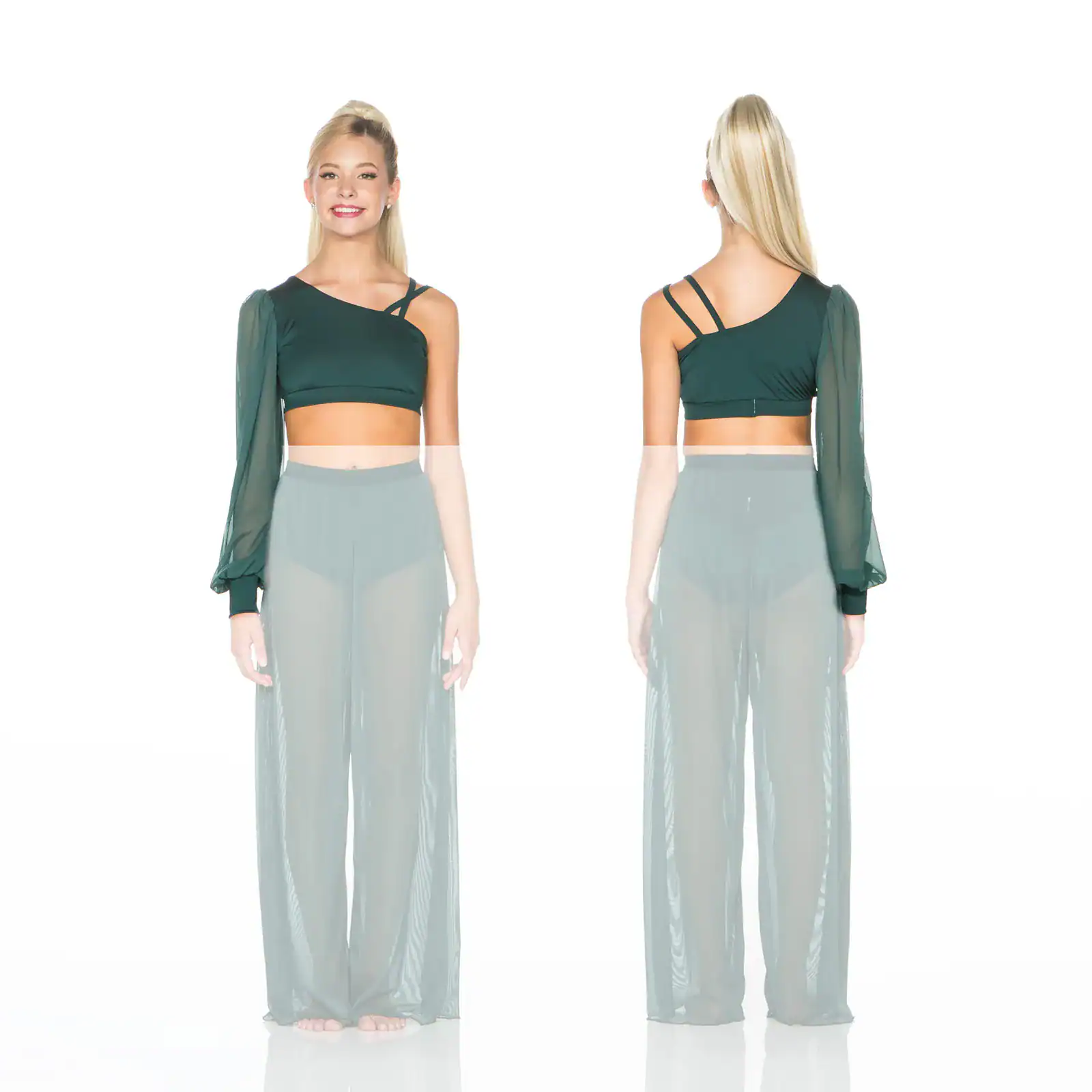 Model wearing dark green asymmetric crop top, front and back views