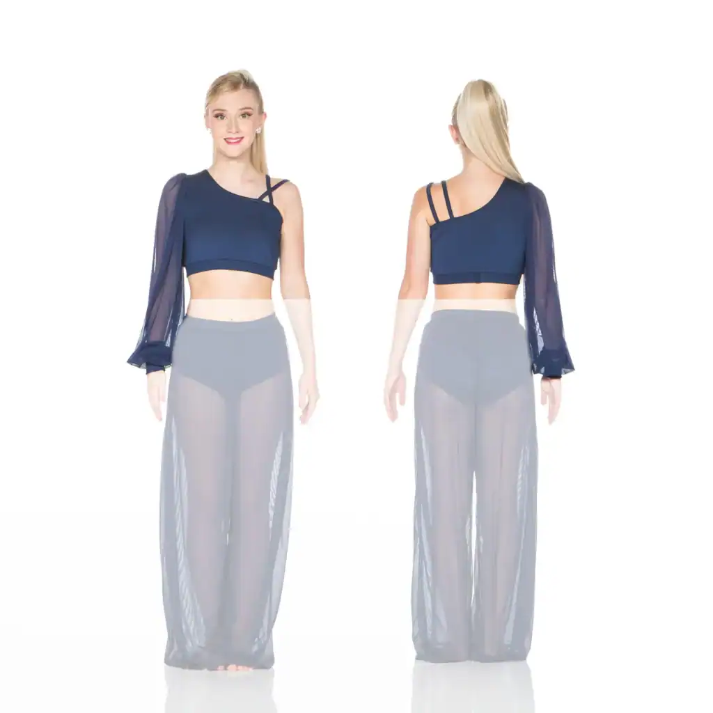 Front and back views of navy one-sleeve dance costume