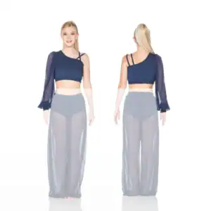 Front and back views of navy one-sleeve dance costume