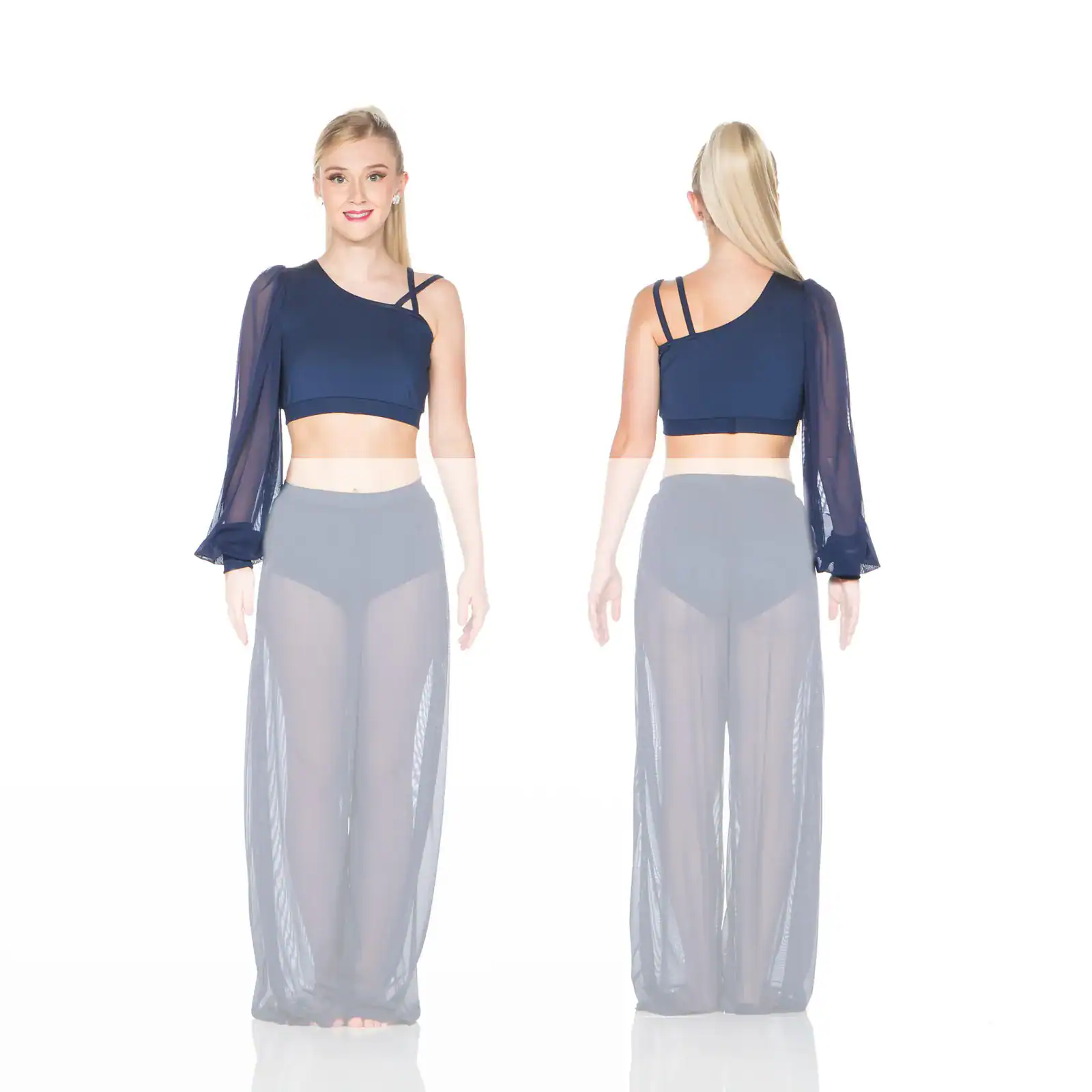 Front and back views of navy one-sleeve dance costume