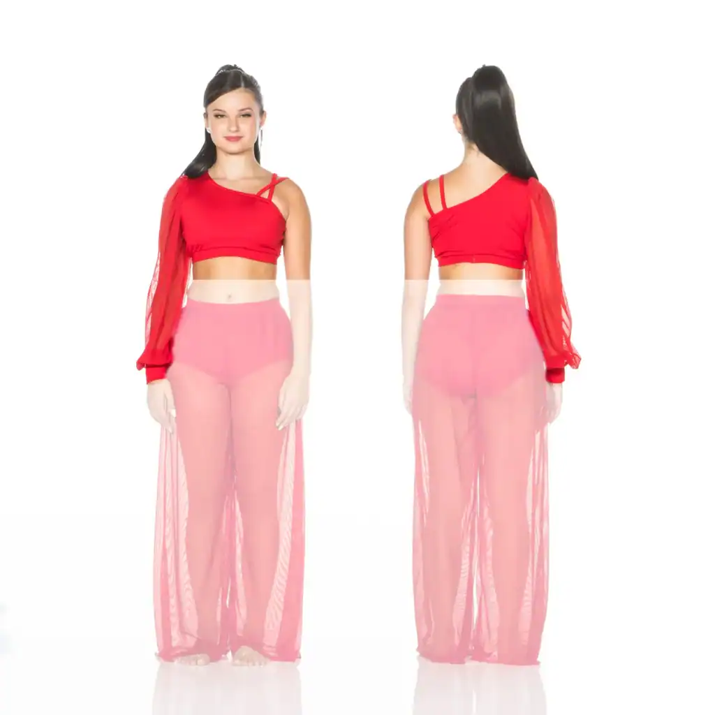 Front and back views of red asymmetrical dance costume