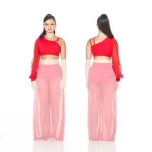 Front and back views of red asymmetrical dance costume