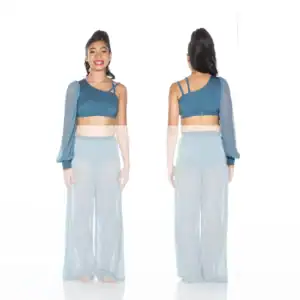 Front and back views of blue asymmetric dance costume